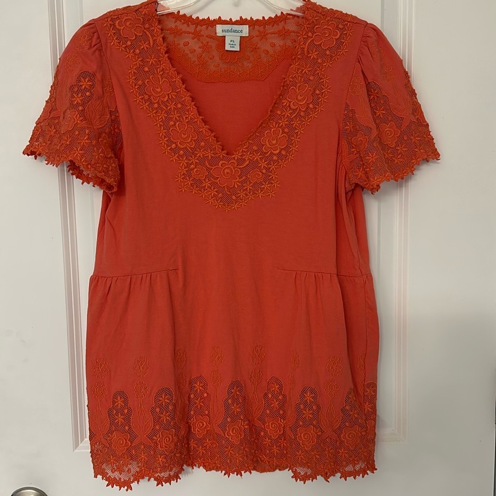 Sundance La Vida Lace Embroidered Short Sleeve V-Neck Shirt